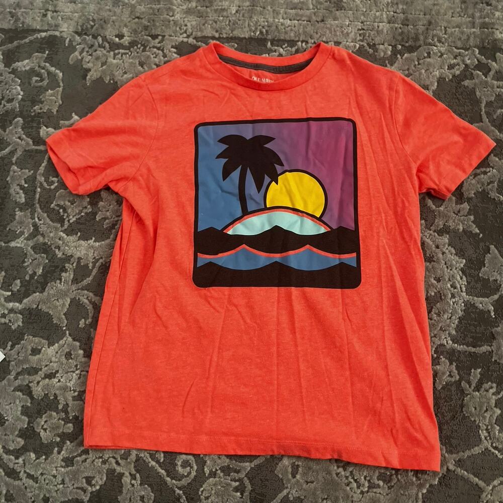 Old Navy Kids Sunset Graphic Tee Orange Beach Palm Tree Shirt Size L 10-12